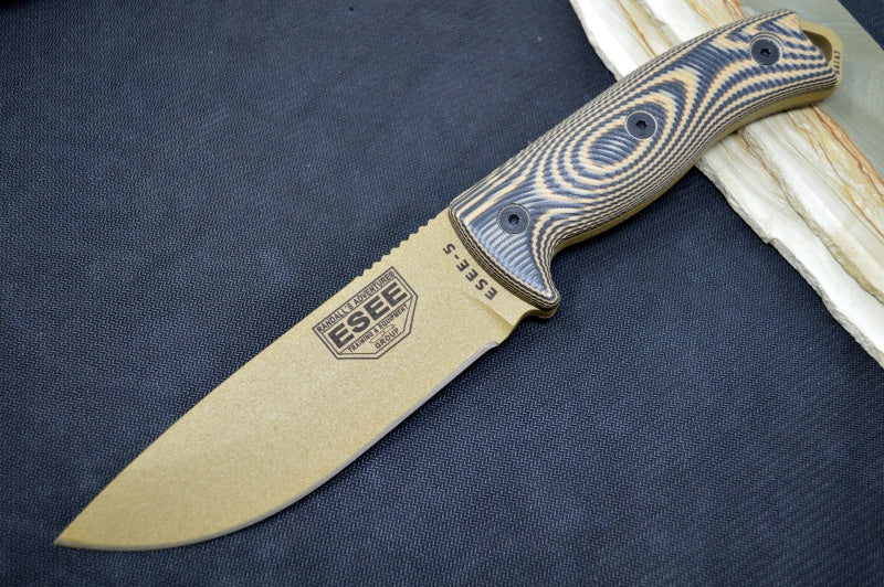 Esee Knives Model 5 - 3D Coyote Tan & Black G10 Handle / 1095 Steel / Dark Earth Textured Powdered Blade 5PDE-005