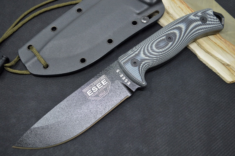 Esee Knives Model 5 - 3D Black & Gray G10 Handle / 1095 Steel / Black Textured Powdered Blade 5PB-002