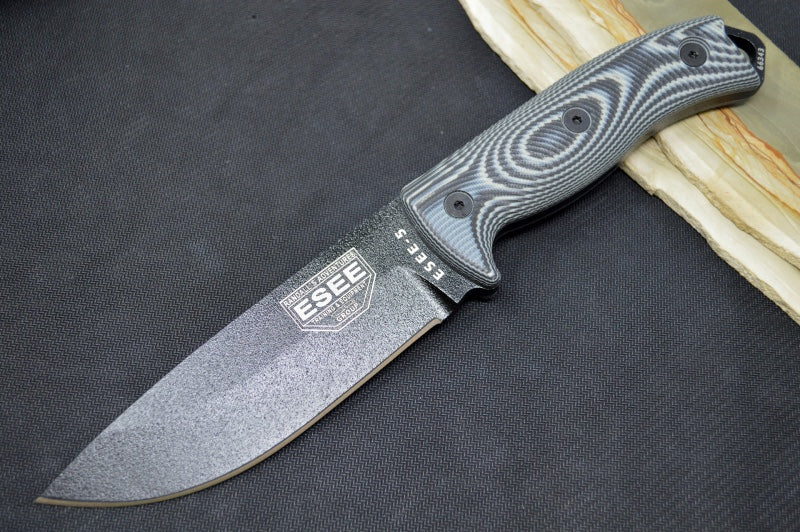Esee Knives Model 5 - 3D Black & Gray G10 Handle / 1095 Steel / Black Textured Powdered Blade 5PB-002