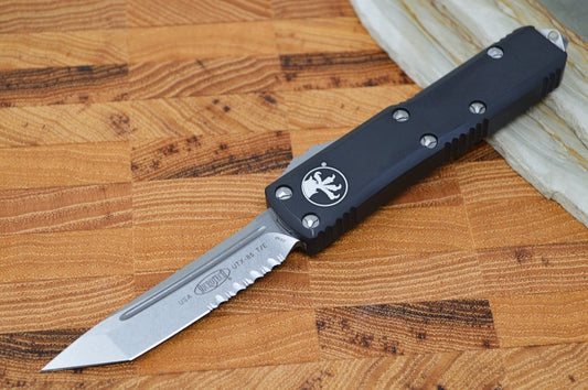 Microtech UTX-85 OTF - Single Edge w Partial Serrate / Tanto Stonewash Blade / Black Body - 233-11