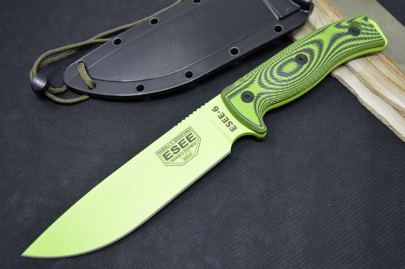 Esee Knives Model 6 - Venom Green & Black G10 Handle / 1095 Steel / Neon Green Textured Powdered Blade 6PVG-007