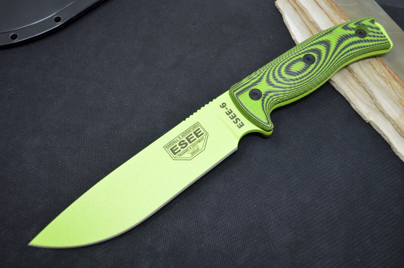 Esee Knives Model 6 - Venom Green & Black G10 Handle / 1095 Steel / Neon Green Textured Powdered Blade 6PVG-007