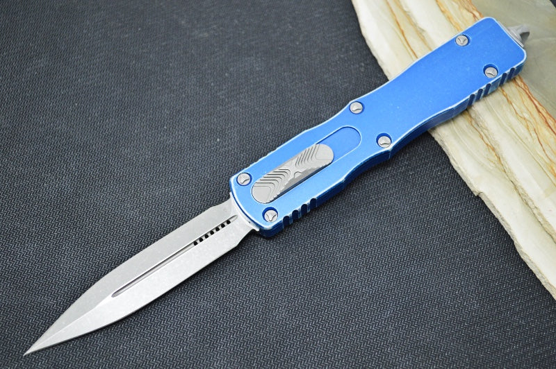 Microtech Dirac Delta OTF - Dagger Blade / Apocalyptic Finish / Distressed Blue Handle 227-10DBL - Northwest Knives