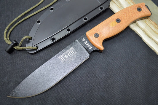 Esee Knives Model 6 - Natural Canvas Micarta Handle / 1095 Steel / Black Textured Powdered Blade 6PB-011