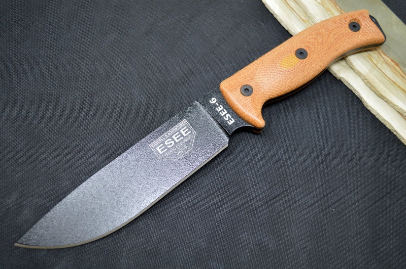 Esee Knives Model 6 - Natural Canvas Micarta Handle / 1095 Steel / Black Textured Powdered Blade 6PB-011