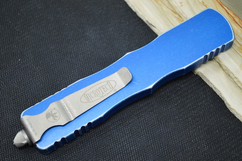 Microtech Dirac Delta OTF - Dagger Blade / Apocalyptic Finish / Distressed Blue Handle 227-10DBL