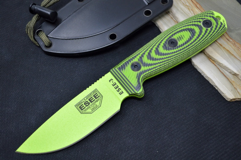 Esee Knives Model 3 - 3D Neon Green & Black G-10 Handle / 1095 Steel / Venom Green Textured Powdered Blade 3PMVG-007