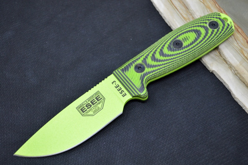 Esee Knives Model 3 - 3D Neon Green & Black G-10 Handle / 1095 Steel / Venom Green Textured Powdered Blade 3PMVG-007