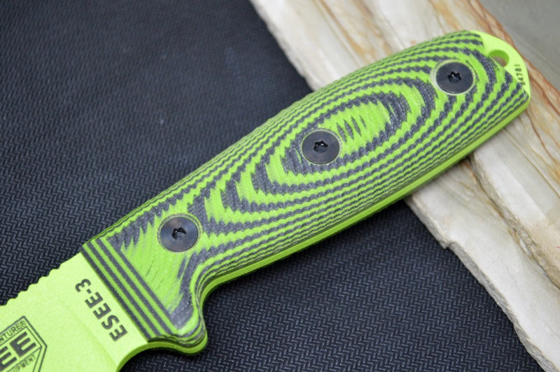 Esee Knives Model 3 - 3D Neon Green & Black G-10 Handle / 1095 Steel / Venom Green Textured Powdered Blade 3PMVG-007