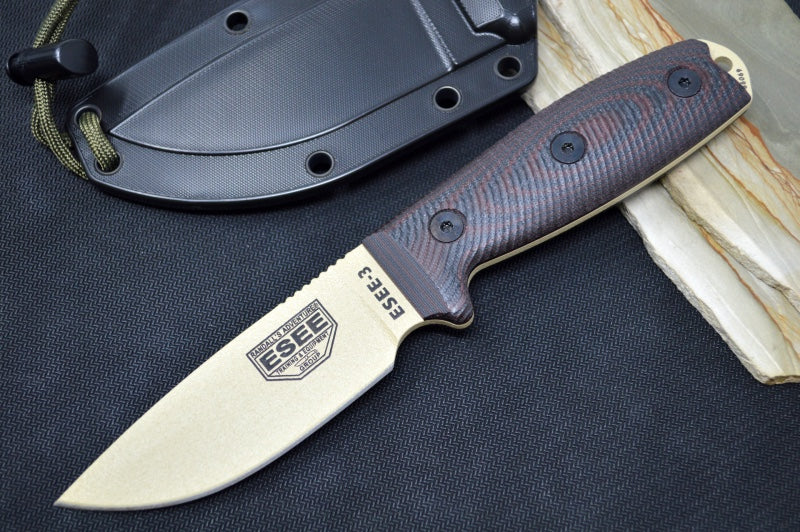 Esee Knives Model 3 - Blood & Black G10 Handle / 1095 Steel / Desert Tan Textured Powdered Blade 3PMDT-004