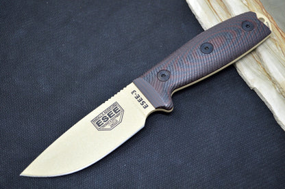 Esee Knives Model 3 - Blood & Black G10 Handle / 1095 Steel / Desert Tan Textured Powdered Blade 3PMDT-004