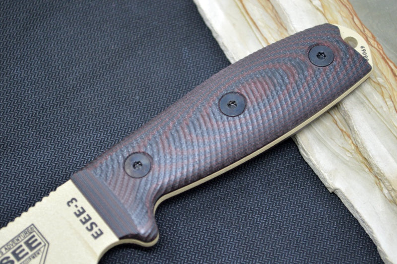 Esee Knives Model 3 - Blood & Black G10 Handle / 1095 Steel / Desert Tan Textured Powdered Blade 3PMDT-004