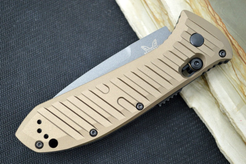 Benchmade 5700SGY-1 Auto Presidio Knife - Drop Point Blade with Partial Serrate / M4 Steel / Bronzed Aluminum Handle 5700SGY-1