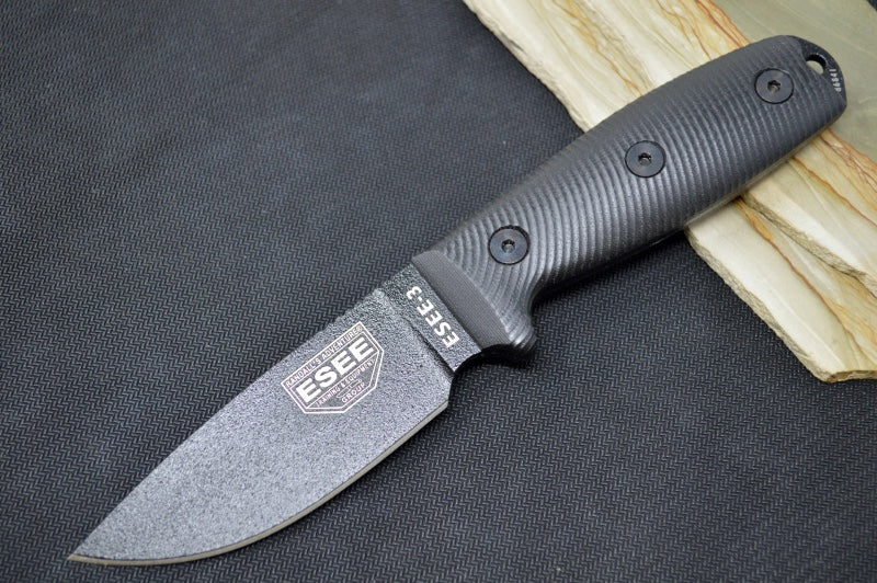 Esee Knives Model 3 - 3D Black G-10 Handle / 1095 Steel / Black Textured Powdered Blade 3PMB-001