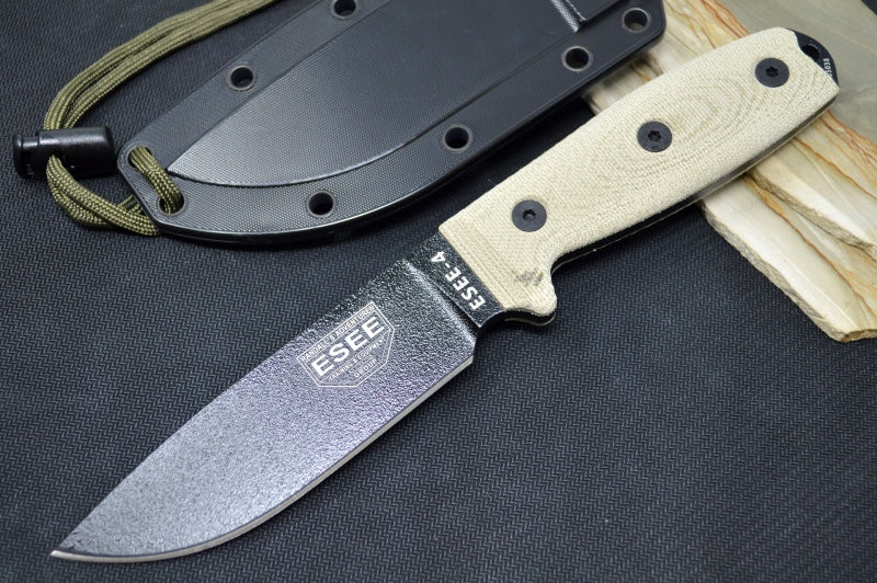 Esee Knives Model 4 - 3D Green Canvas Micarta Handle / 1095 Steel / Black Textured Powdered Coated Blade 4PB-017