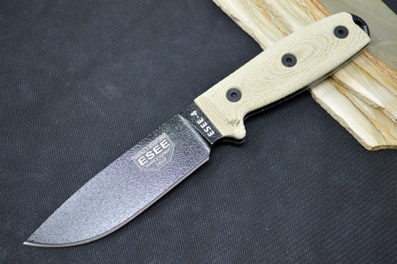 Esee Knives Model 4 - 3D Green Canvas Micarta Handle / 1095 Steel / Black Textured Powdered Coated Blade 4PB-017