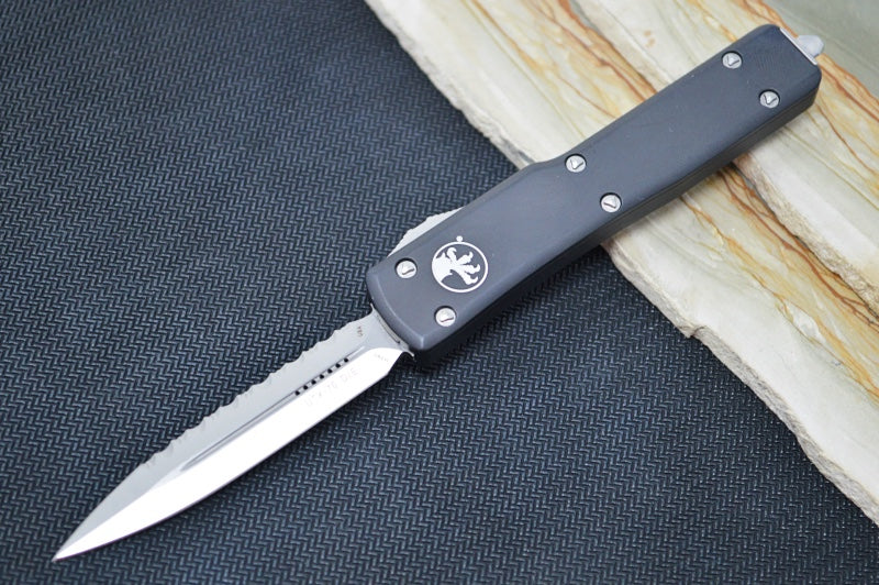 Microtech UTX-70 OTF - Dagger Blade with Full Serrated / Satin Finish / Black Aluminum Anodized Handle 147-6