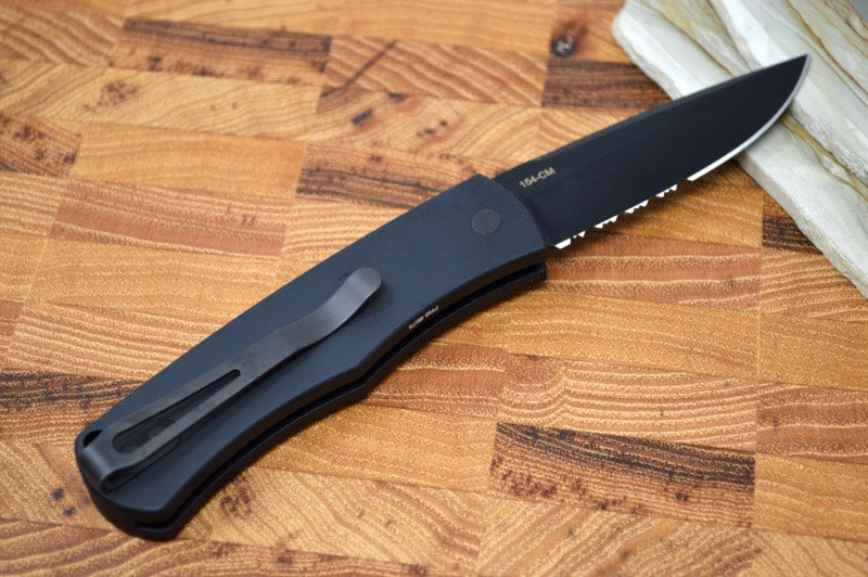 Pro Tech "Whiskers" Auto - Black Aluminum Handle - Bolster Release - Partial Serrate