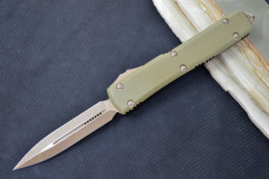 Microtech Ultratech Signature Series OTF - Dagger Blade / Bronzed Apocalyptic Finish / OD Green G-10 Composite Handle / Bronzed Clip & Hardware 122-13APGTODS