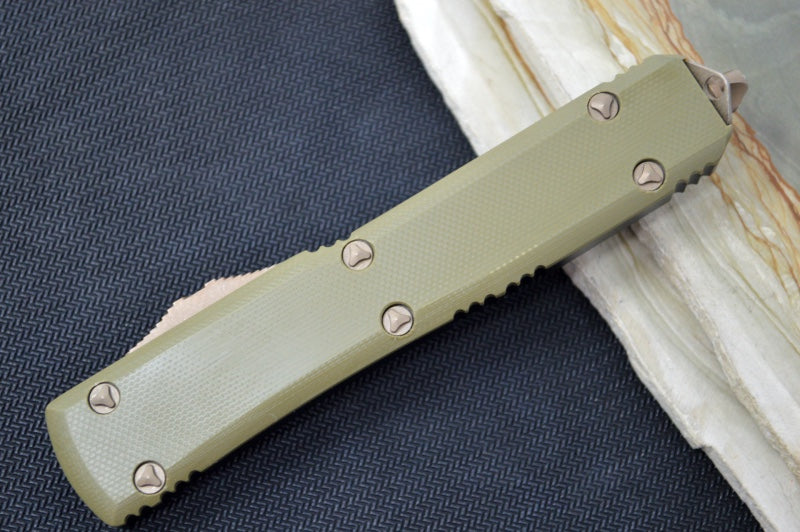 Microtech Ultratech Signature Series OTF - Dagger Blade / Bronzed Apocalyptic Finish / OD Green G-10 Composite Handle / Bronzed Clip & Hardware 122-13APGTODS