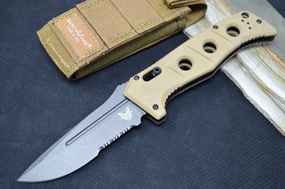 Benchmade 2750SGY-3 Adamas Knife Auto - Grey CPM-CruWear Drop Point Combo Blade / Desert Tan G-10 Handle
