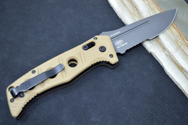 Benchmade 2750SGY-3 Adamas Knife Auto - Grey CPM-CruWear Drop Point Combo Blade / Desert Tan G-10 Handle