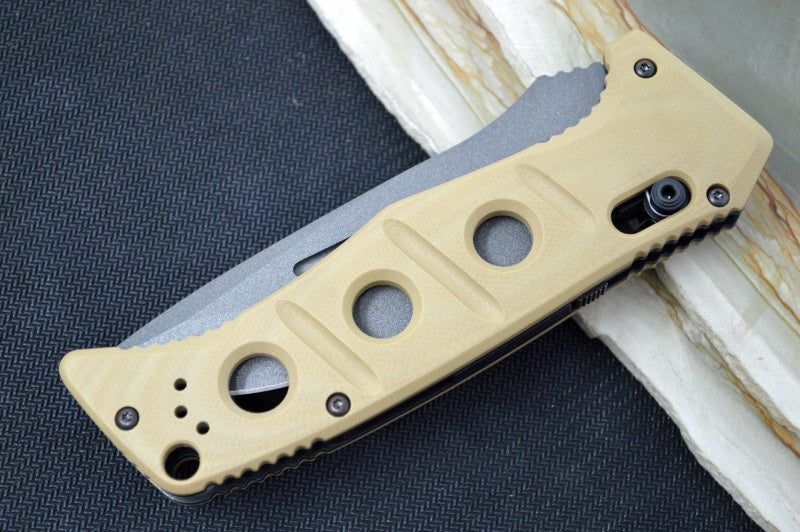 Benchmade 2750SGY-3 Adamas Knife Auto - Grey CPM-CruWear Drop Point Combo Blade / Desert Tan G-10 Handle