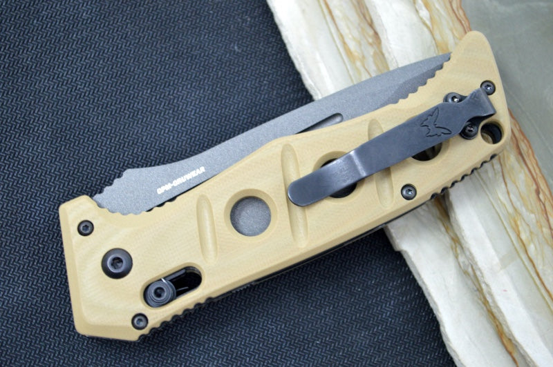 Benchmade 2750SGY-3 Adamas Knife Auto - Grey CPM-CruWear Drop Point Combo Blade / Desert Tan G-10 Handle