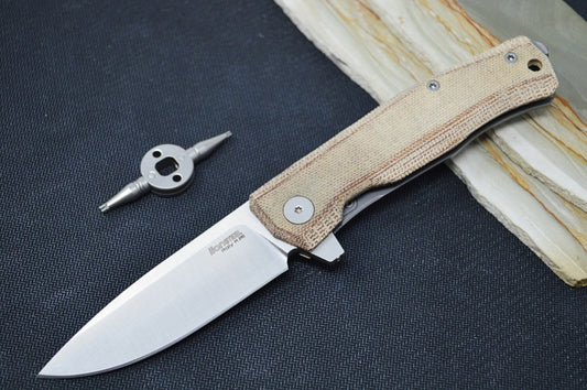 Lionsteel Myto Flipper - Satin Drop Point Blade / M390 Steel / Natural Canvas Micarta MT01CVN