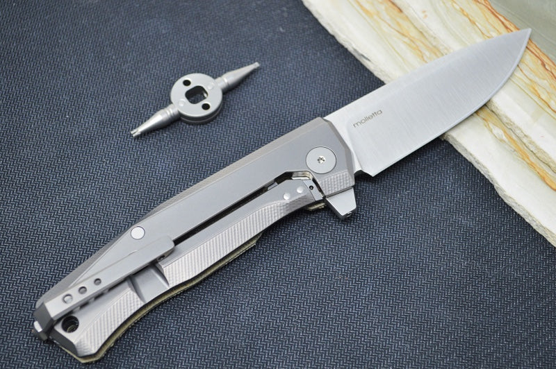 Lionsteel Myto Flipper - Satin Drop Point Blade / M390 Steel / Green Canvas Micarta MT01CVG