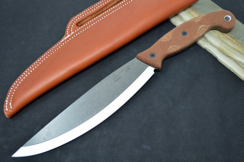 Tops Earth Skills Fixed Blade - 1095 Steel / Tan Canvas Handle / Brown Leather Sheath ESK-01