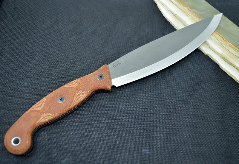 Tops Earth Skills Fixed Blade - 1095 Steel / Tan Canvas Handle / Brown Leather Sheath ESK-01