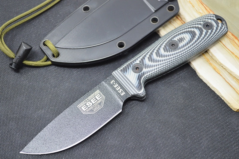 Esee Knives Model 3 - 3D Gray & Black G-10 Handle / 1095 Steel / Textured Powdered Blade 3PMB-002