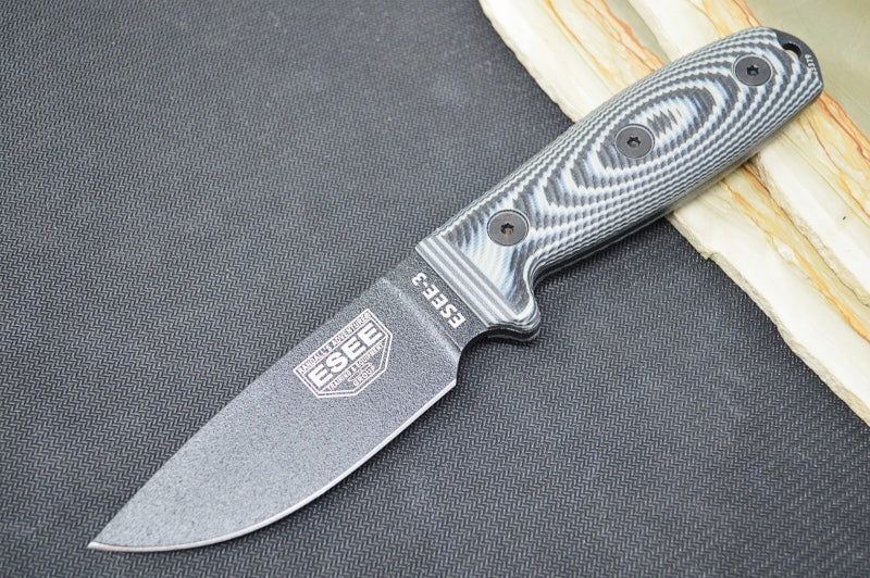 Esee Knives Model 3 - 3D Gray & Black G-10 Handle / 1095 Steel / Textured Powdered Blade 3PMB-002
