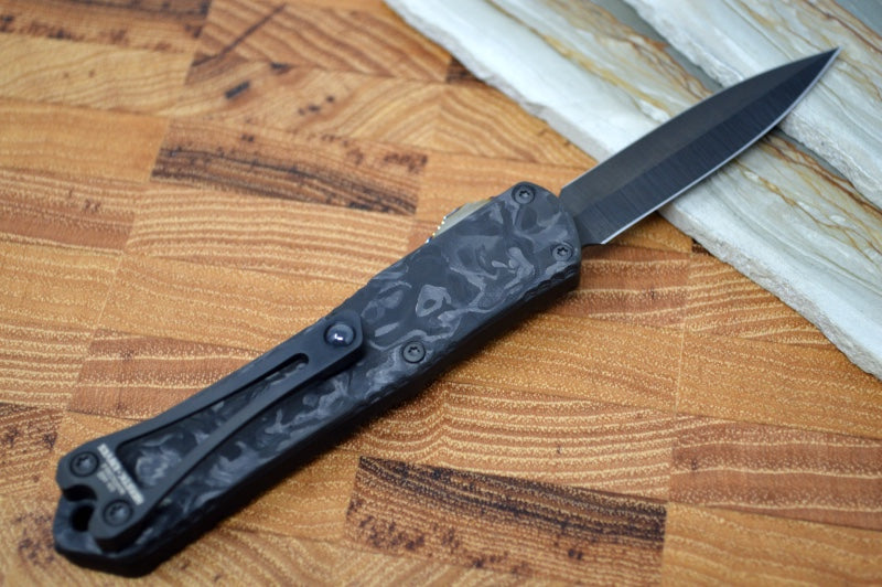 Heretic Knives Manticore S OTF Custom - Black Marbled CF Back Cover / DLC Double Edge / Flamed Ti Button