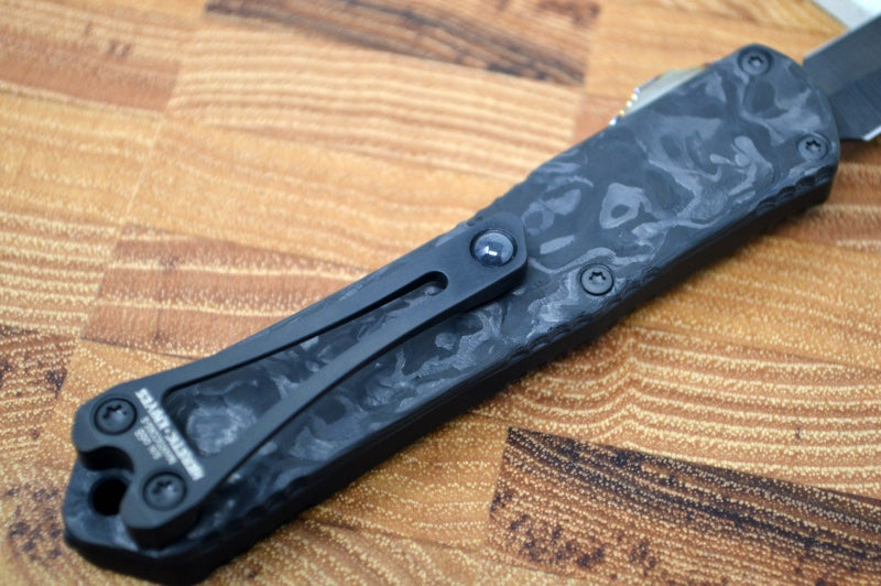 Heretic Knives Manticore S OTF Custom - Black Marbled CF Back Cover / DLC Double Edge / Flamed Ti Button