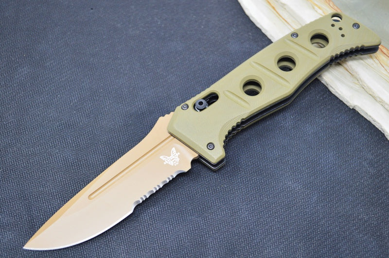 Benchmade 2750SFE-2 Adamas Knife Auto - Flat Dark Earth CPM-CruWear Drop Point Combo Blade / OD Green G-10 Handle