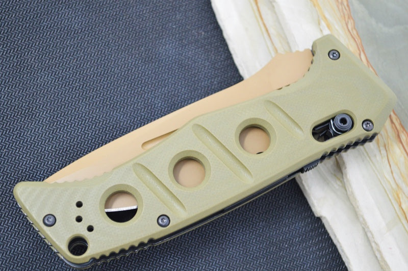 Benchmade 2750SFE-2 Adamas Knife Auto - Flat Dark Earth CPM-CruWear Drop Point Combo Blade / OD Green G-10 Handle - Northwest Knives