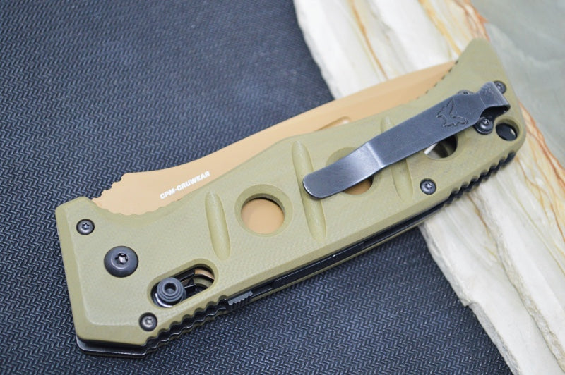 Benchmade 2750SFE-2 Adamas Knife Auto - Flat Dark Earth CPM-CruWear Drop Point Combo Blade / OD Green G-10 Handle