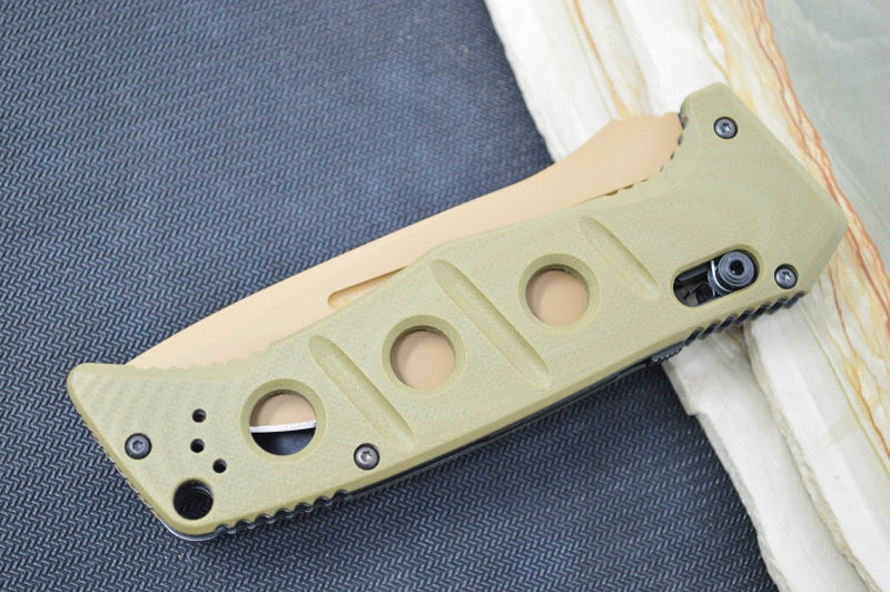 Benchmade 2750FE-2 Adamas Knife Auto - Flat Dark Earth CPM-CruWear Drop Point Blade / OD Green G-10 Handle
