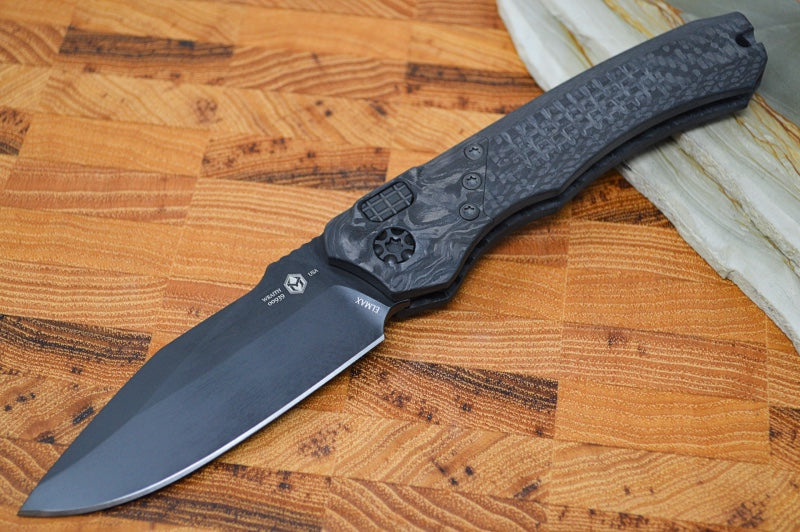 Heretic Knives Wraith Auto - Black DLC Drop Point / Carbon Fiber Handle & Marbled Carbon Fiber Bolster H000-6A-CF