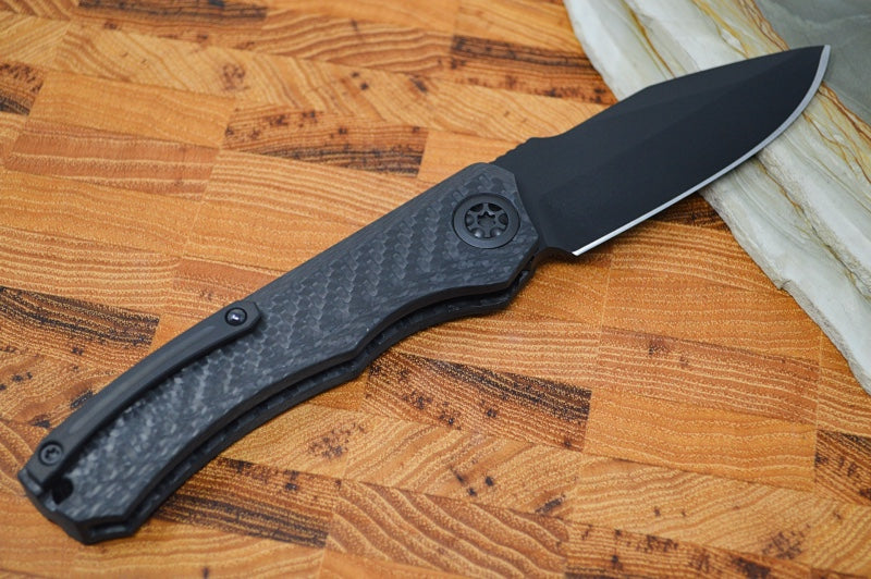 Heretic Knives Wraith Auto - Black DLC Drop Point / Carbon Fiber Handle & Marbled Carbon Fiber Bolster H000-6A-CF