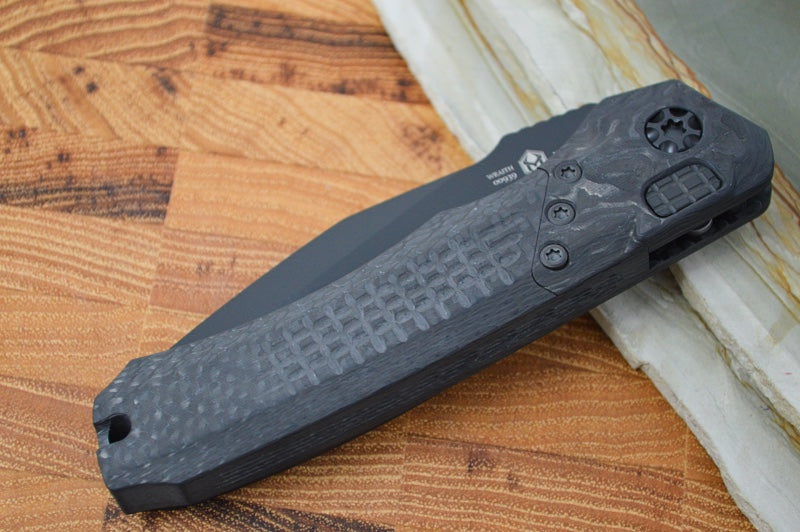 Heretic Knives Wraith Auto - Black DLC Drop Point / Carbon Fiber Handle & Marbled Carbon Fiber Bolster H000-6A-CF