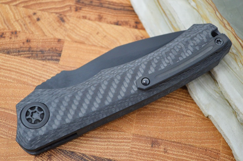 Heretic Knives Wraith Auto - Black DLC Drop Point / Carbon Fiber Handle & Marbled Carbon Fiber Bolster H000-6A-CF