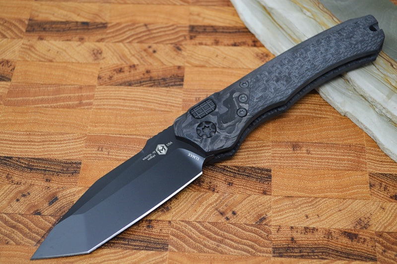 Heretic Knives Wraith Auto - Black DLC Tanto Blade / Carbon Fiber Handle & Marbled Carbon Fiber Bolster H100-6A-CF