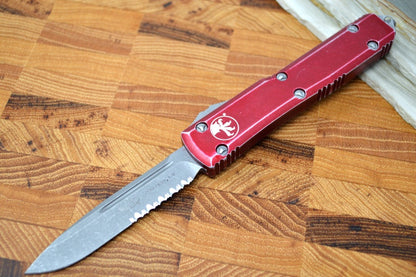 Microtech Ultratech OTF - Single Edge with Partial Serrate / Apocalyptic Finished Blade / Distressed Red Handle - 121-11DRD