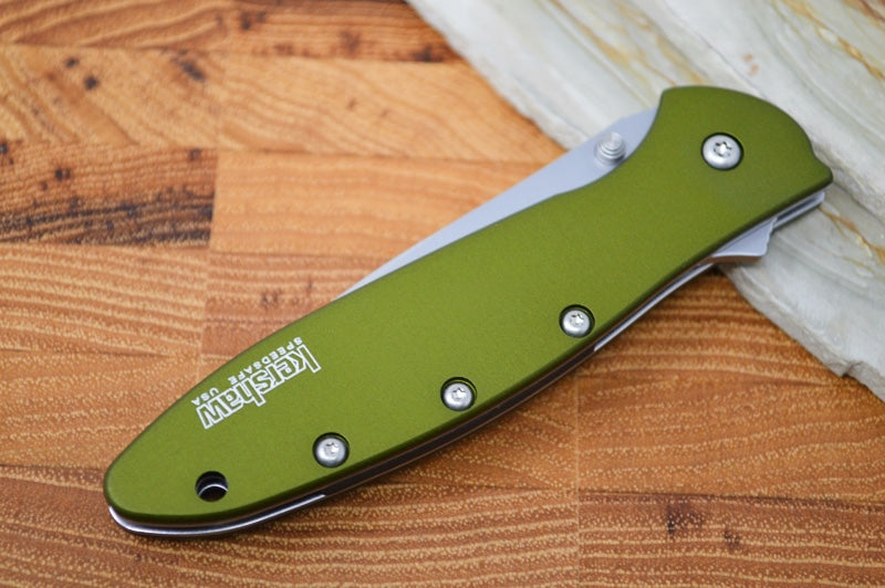 Kershaw 1660OL Leek Flipper - Satin 14C28N Blade / OD Green Aluminum Handle