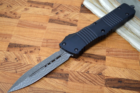 Microtech Combat Troodon OTF Signature Series - Damascus Blade / Dagger Style / Black Handle / Ringed Hardware - 142-16S