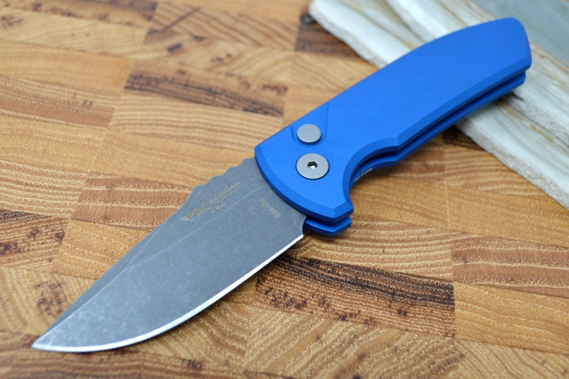 Pro Tech SBR Auto - Blue Handle / Acid Washed Plain Blade LG411-BLUE