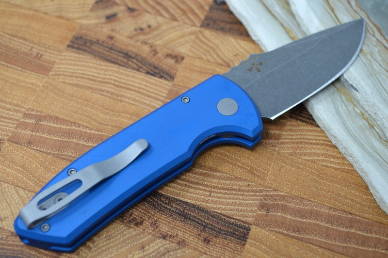 Pro Tech SBR Auto - Blue Handle / Acid Washed Plain Blade LG411-BLUE